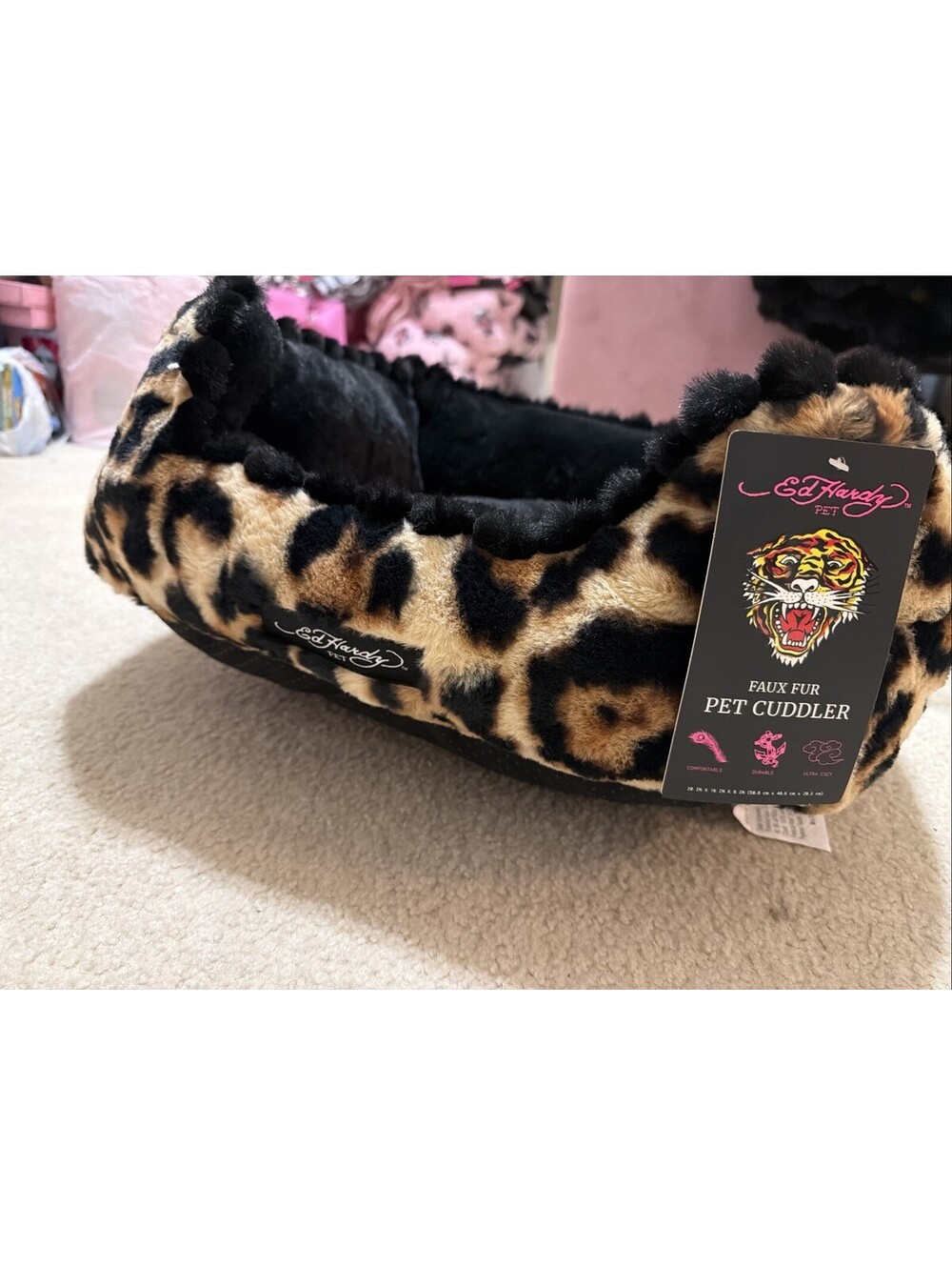 Ed Hardy Faux Fur Pet Cuddler Dog Bed Small S Leopard Print Cushioned